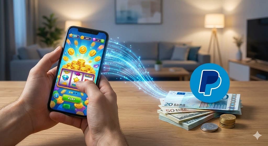 Joc mobil pe telefon conectat digital la bani și logo PayPal, ilustrând câștiguri reale din aplicații.