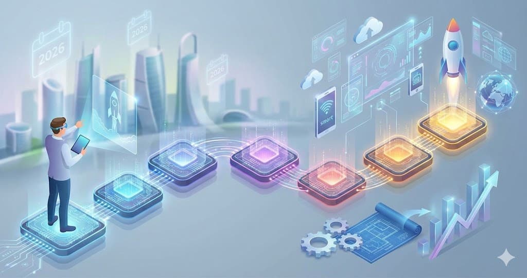 Lansare afacere online 2026: grafică cu pași digitali și rachetă.