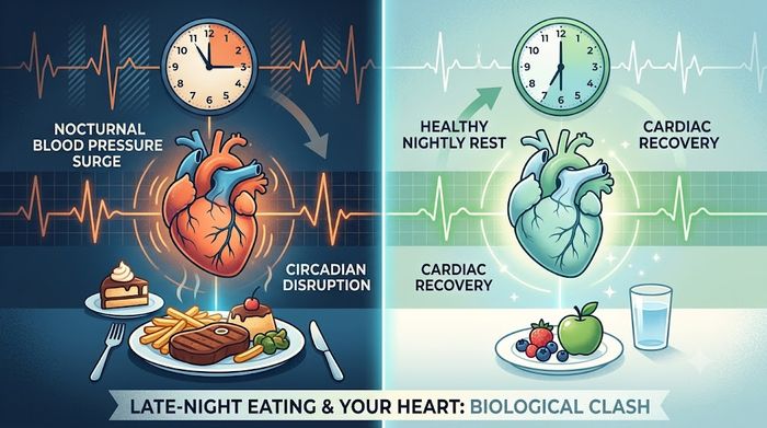 Infographic contrasting late-night eating cardiac stress with healthy daytime nutrition recovery.