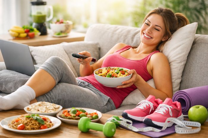 Woman on couch eating healthy pasta, surrounded by fitness gear. Lazy girl weight loss concept.