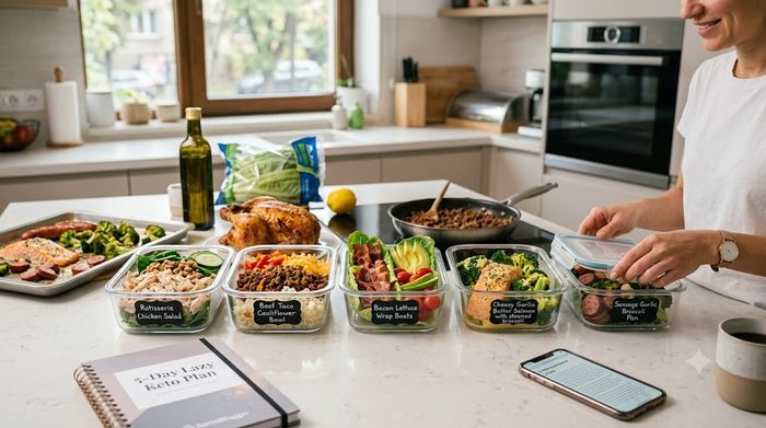 Lazy girl keto meal prep containers on a bright kitchen counter