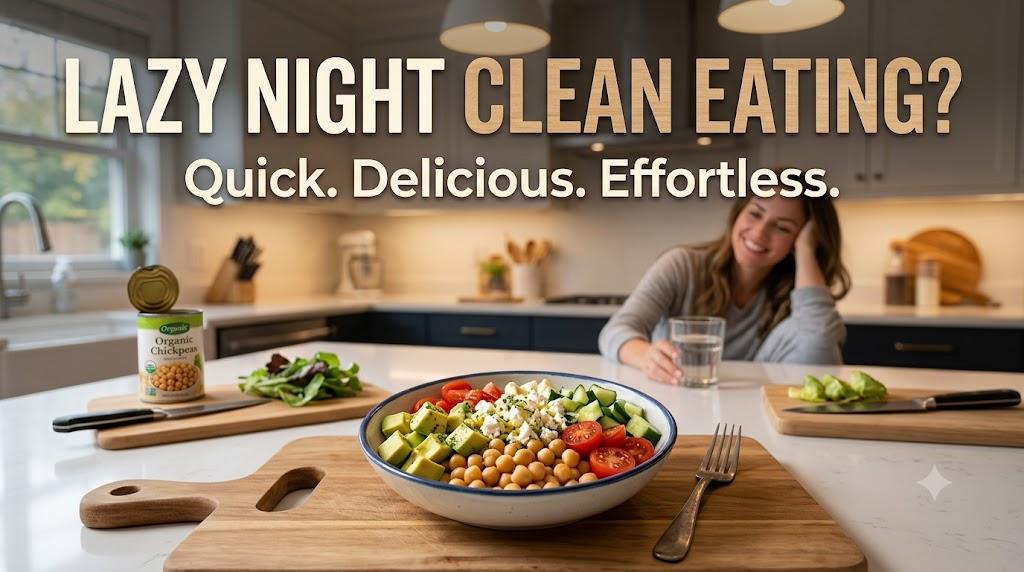 Healthy chickpea avocado salad bowl on a kitchen counter with a woman relaxing in the background.