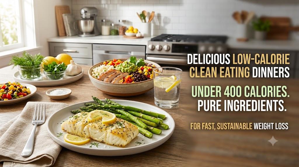 Delicious low-calorie clean eating dinner with lemon herb cod, asparagus, and a grilled chicken bowl