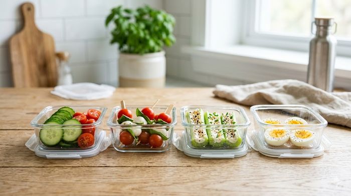 Meal prep glass containers with fresh, low-calorie snacks on a wooden table.