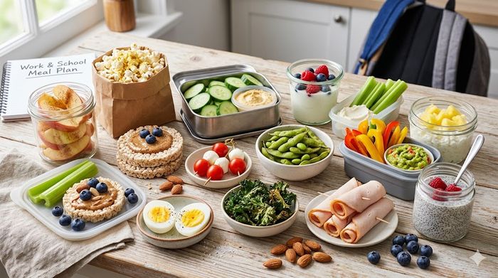 15 easy low-calorie snacks for work and school, including fresh fruits, veggies, and proteins.