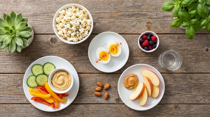 Healthy low calorie snacks under 100 calories: eggs, popcorn, veggies, hummus, and fruit for weight loss.