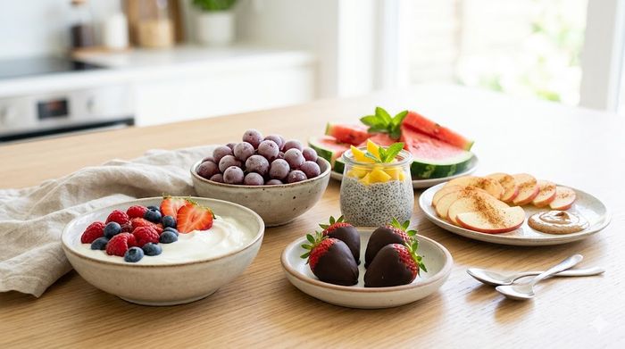 Healthy low-calorie sweet snacks like berries, yogurt, and dark chocolate strawberries on a table.