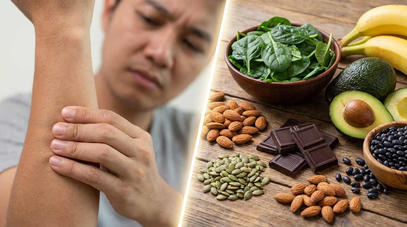 Person touching arm in pain next to magnesium rich foods like spinach, nuts, avocado and chocolate.