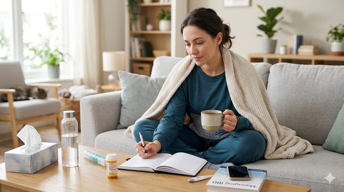 Woman managing a Crohn's flare-up at home with medication, tea, and journal.