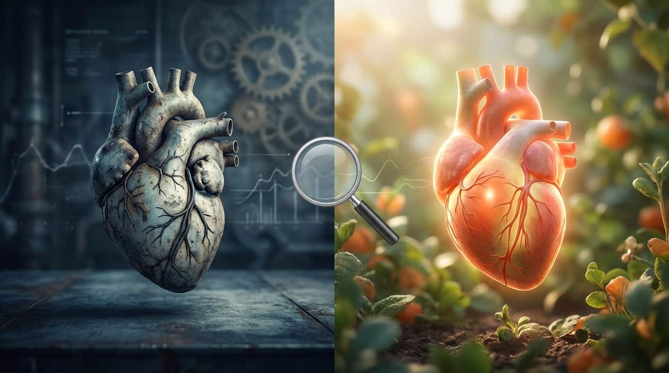 Contrast between a cold, mechanical heart and a warm, biological heart in nature.