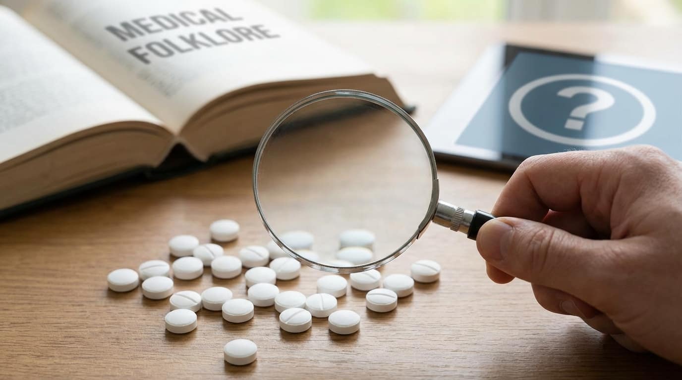 Hand with magnifying glass examining white pills next to a book titled Medical Folklore and a tablet.