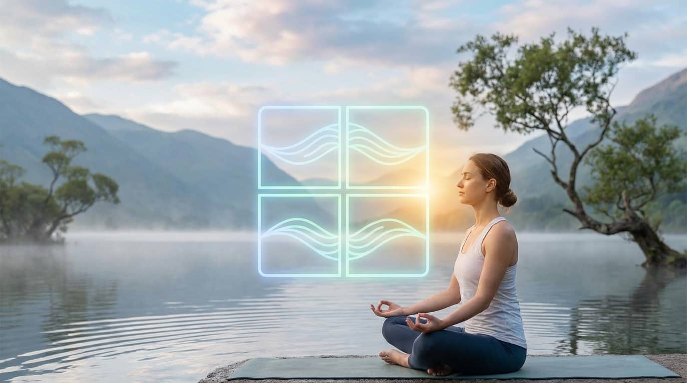 Woman meditating by a calm lake at sunrise with a glowing window icon representing mental clarity.