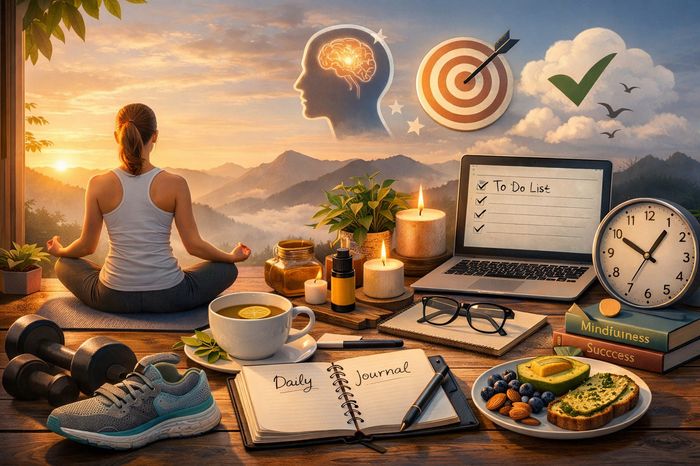 Woman practicing a morning mental wellness routine for anxiety with meditation and journaling.