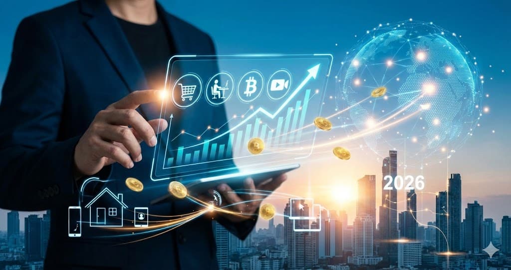 Metode garantate de a face bani online în 2026: concept grafic digital cu venituri în creștere.