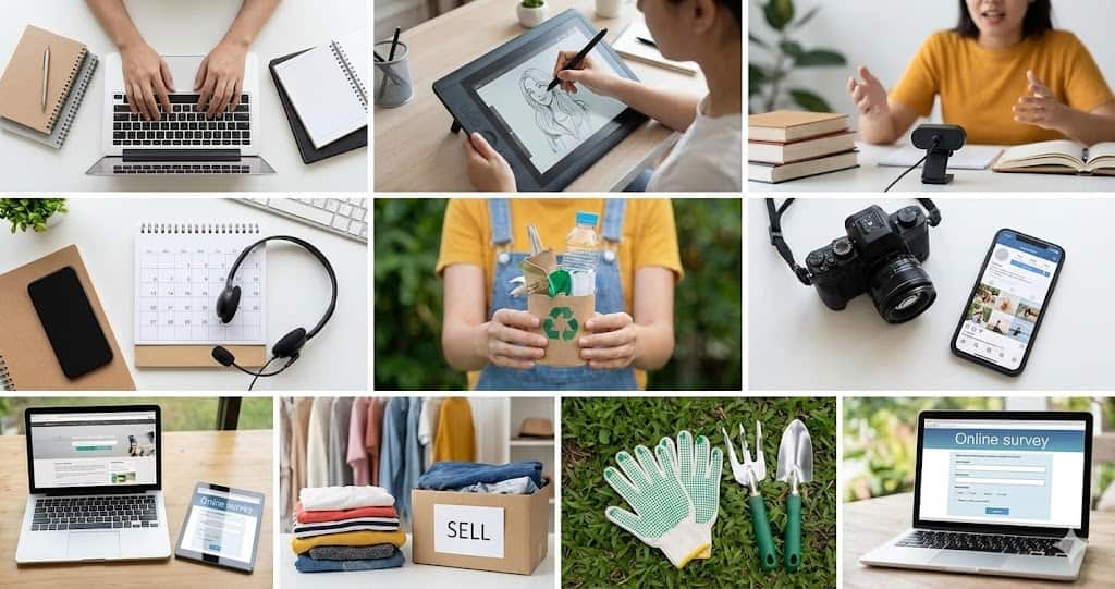 Colaj foto cu metode gratuite de a face bani în 2026: muncă online, vânzări, reciclare și sondaje de acasă.