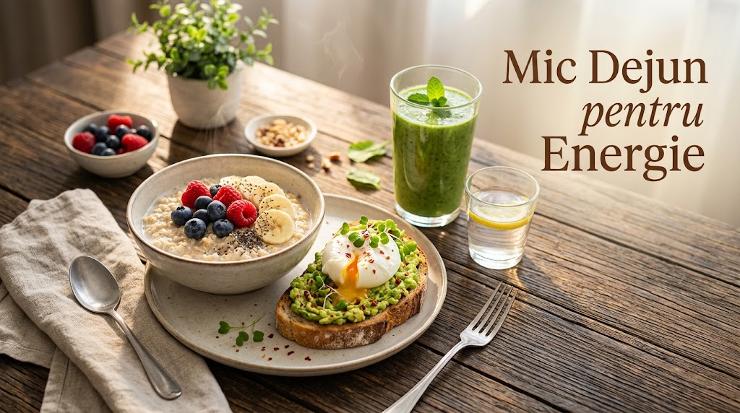 Mic dejun pentru energie cu terci de ovăz, smoothie verde și toast cu ou poșat și avocado.