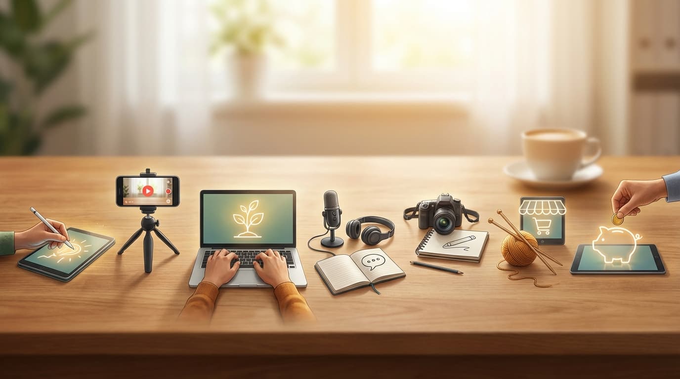 Instrumente digitale pe birou pentru monetizarea hobby-urilor și venituri online.
