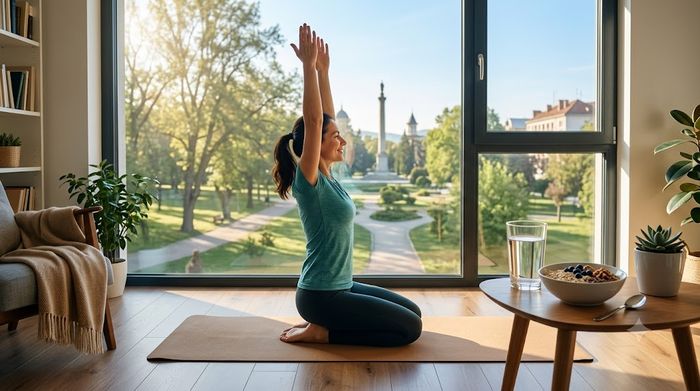 Woman stretching in morning light next to a glass of water and oat bowl.