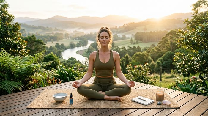 Woman practicing morning meditation outdoors at sunrise for natural stress relief.