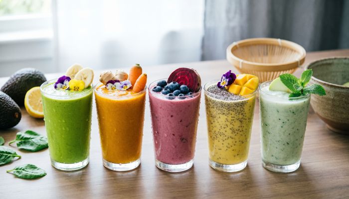 Five assorted fruit and vegetable smoothies in glasses on a table.