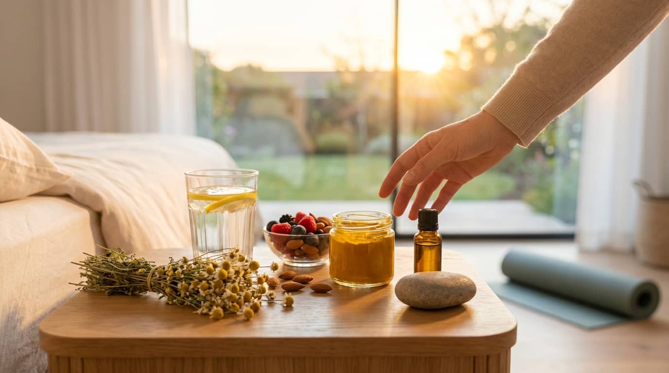 Morning wellness routine with chamomile flowers, lemon water, turmeric honey and essential oils at sunrise.