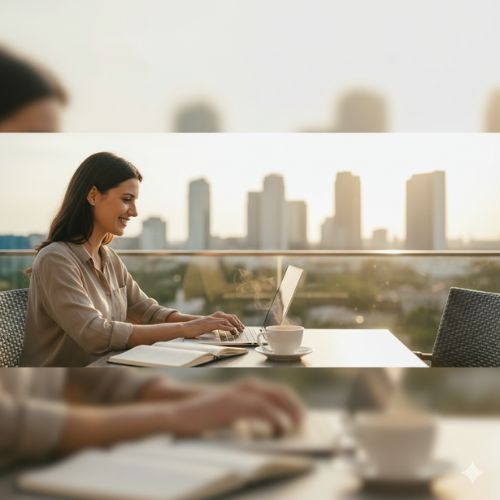 O tânără zâmbitoare lucrează la un laptop pe o terasă însorită cu un peisaj urban modern în fundal, savurând o cafea, simbolizând libertatea și flexibilitatea muncii online și freelancing-ului pentru a suplimenta venitul.