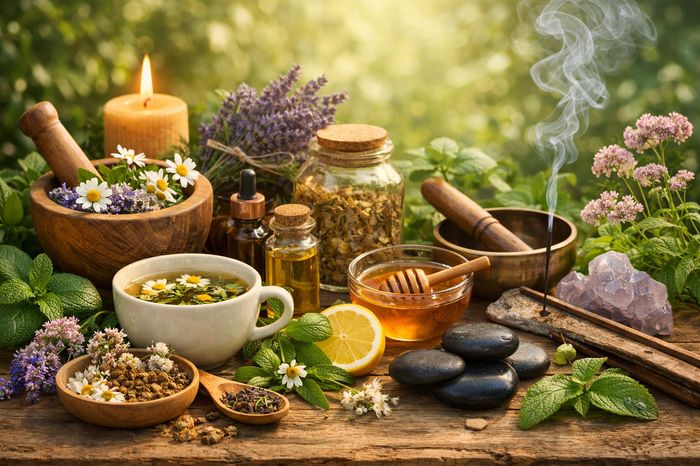 Natural home remedies for anxiety: chamomile tea, calming herbs, and essential oils on a table.