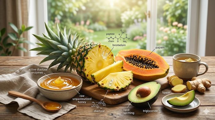 Raw foods with natural digestive enzymes including pineapple, papaya, avocado, honey, and ginger.