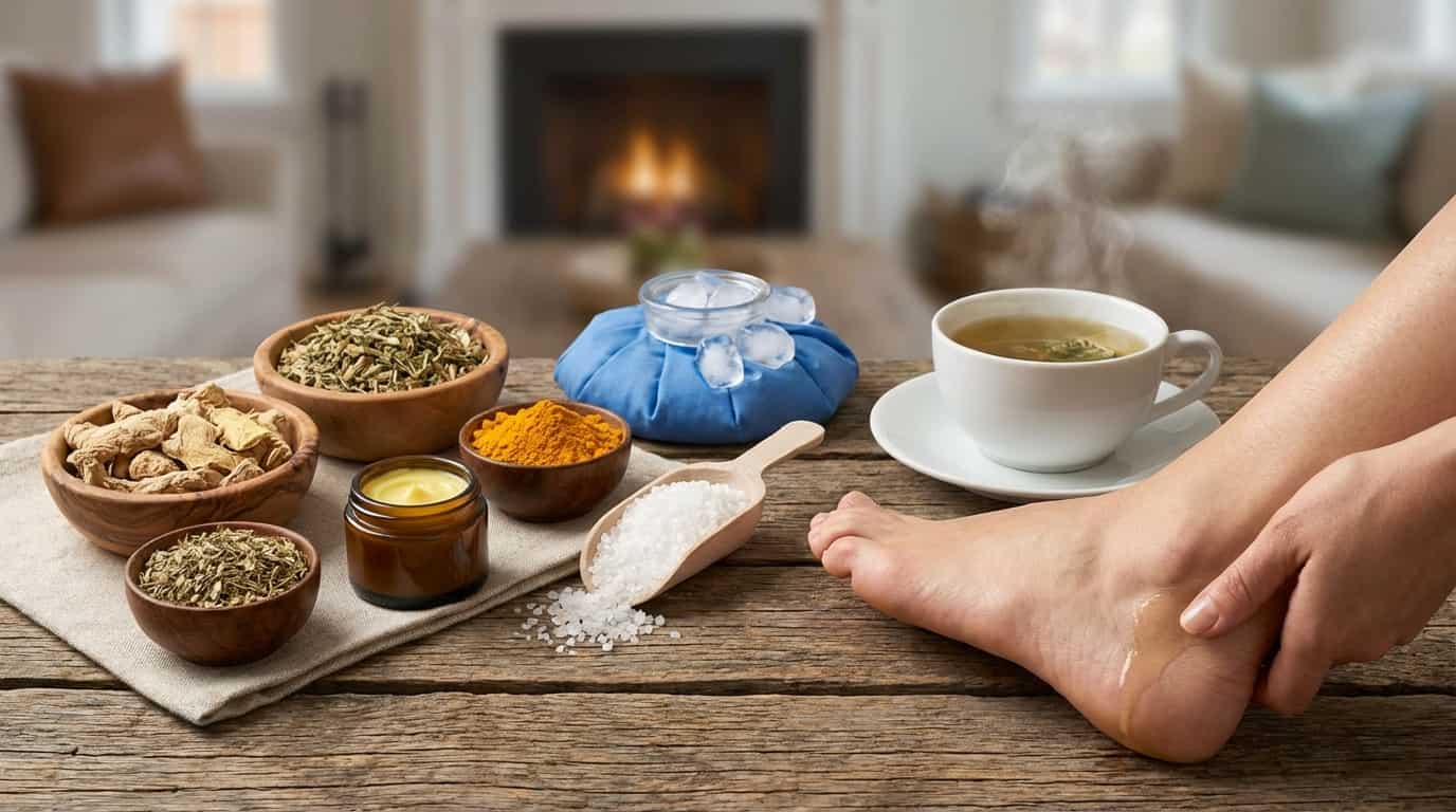 Natural home remedies for heel pain relief including ginger, turmeric, ice pack and herbal foot soak.
