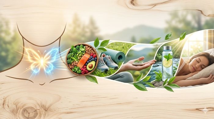 Graphic showing glowing thyroid gland and 5 healthy lifestyle habits on wood background.