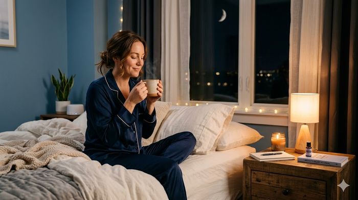 Peaceful woman drinks warm tea on cozy bed at night for anxiety relief self-care routine.