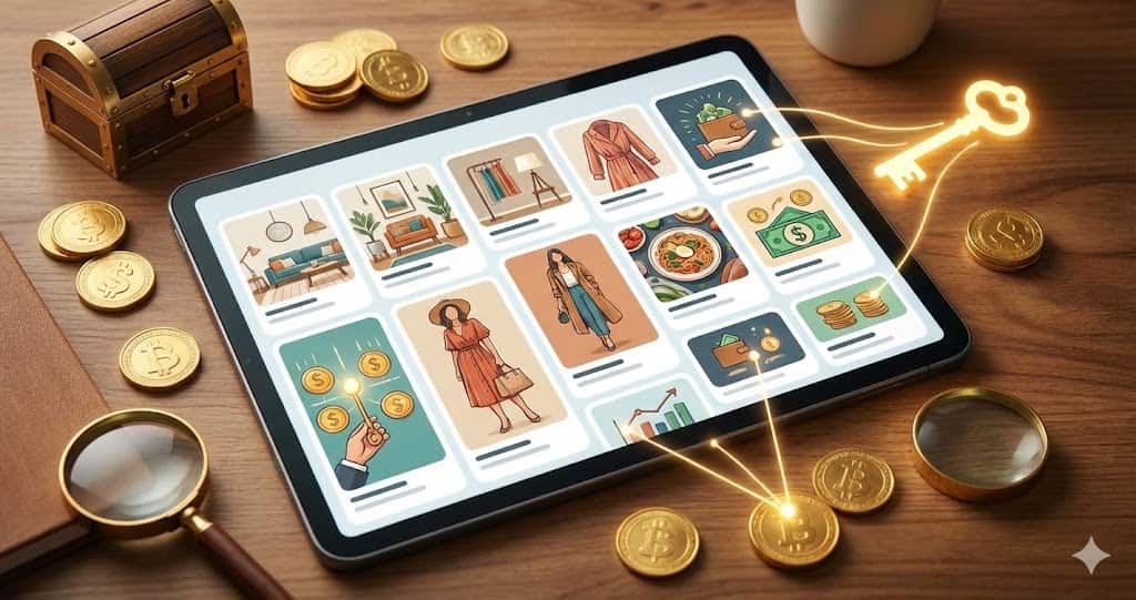 Concept vizual: tabletă cu nișe profitabile Pinterest, cheie aurie, bani și lupă pentru descoperirea succesului.