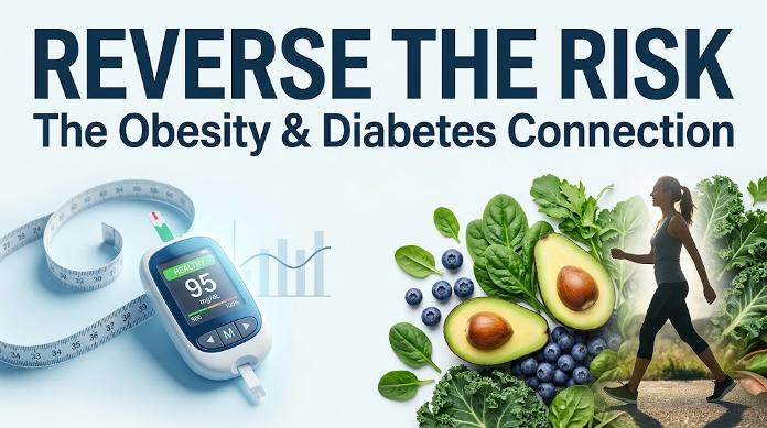 Glucose monitor displaying 95 mg dL alongside fresh healthy foods and an active woman walking outdoors