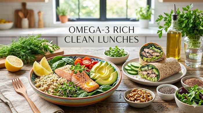 Omega-3 rich clean eating lunch spread featuring a salmon bowl, sardine wrap, avocado, and walnuts.