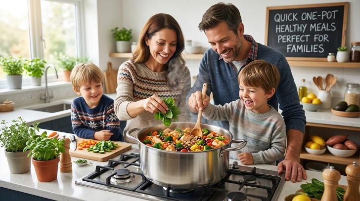 Happy family cooking a healthy one-pot dinner together in a bright kitchen