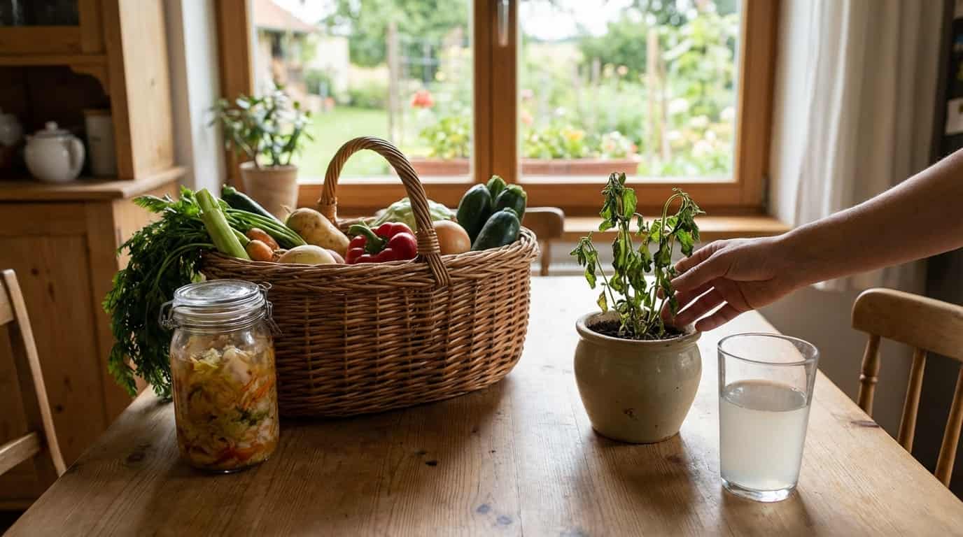 Basket of organic veggies, fermented food, and a wilted plant symbolizing health recovery.