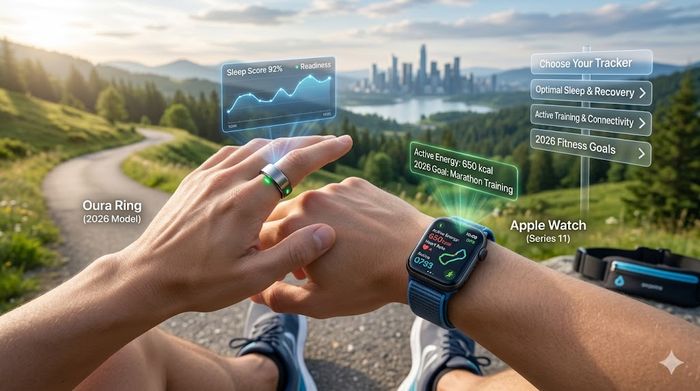 Oura Ring vs Apple Watch comparison showing AR fitness and sleep data for 2026 goals.
