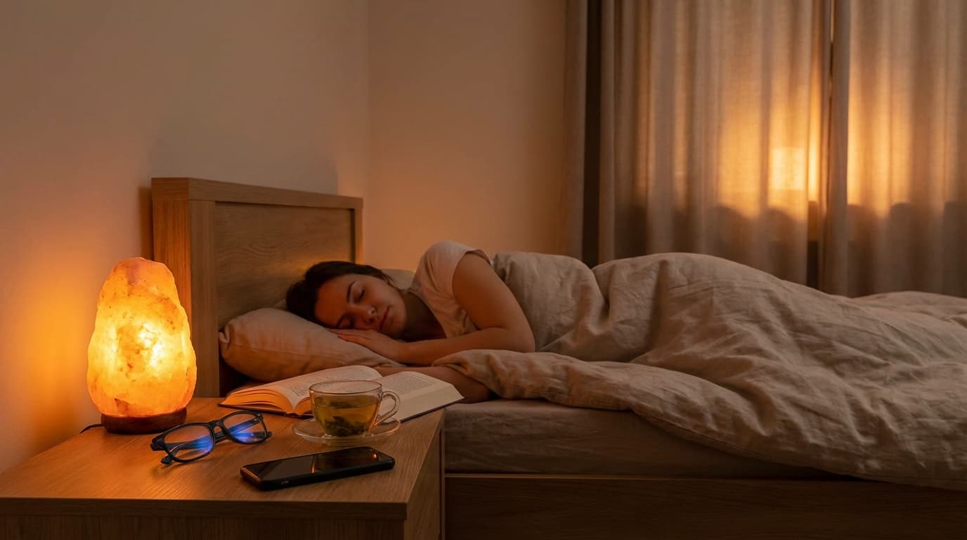 Young woman sleeping peacefully in bed with a glowing salt lamp, book, and tea on the nightstand.
