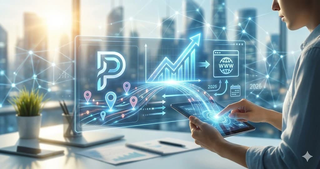 Creștere trafic site cu Pinterest 2026: Persoană folosind tabletă cu interfață grafică și logo P.