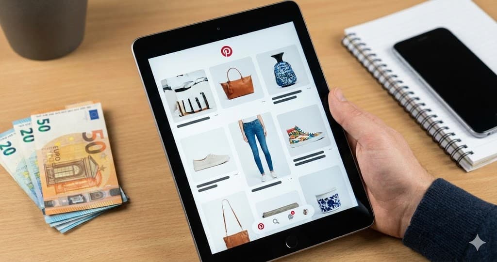Mână ținând o tabletă cu Pinterest lângă un teanc de euro, sugerând venituri online din afiliere.