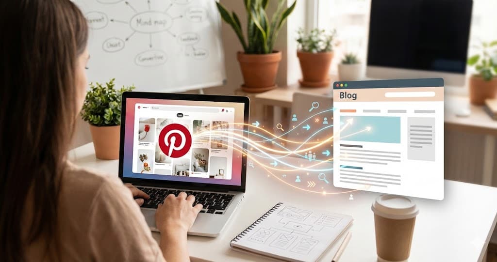 Pinterest traffic strategies driving blog growth on laptop screen.
