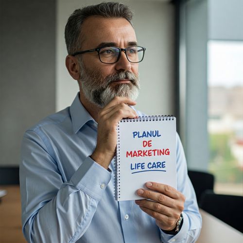 Un bărbat cu barbă și ochelari ține un caiet deschis pe care scrie clar: 