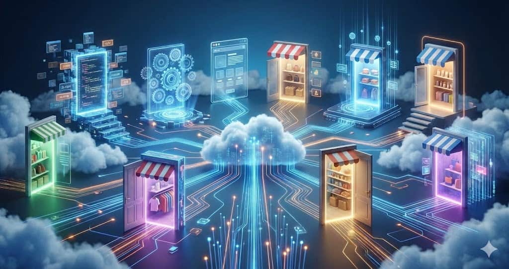 Ilustrație rețea digitală reprezentând platforme gratuite pentru creare magazin online.