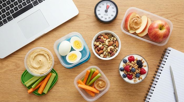 Healthy 5-minute snacks on desk with laptop: eggs, nuts, fruit, and hummus for busy workdays.