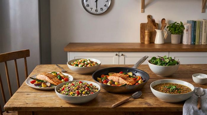 Quick clean eating dinner spread featuring salmon, quinoa, and veggies on a wooden table.