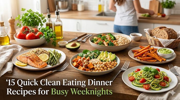 Assortment of healthy, quick dinner meals on a rustic wooden table with kitchen background and text overlay.