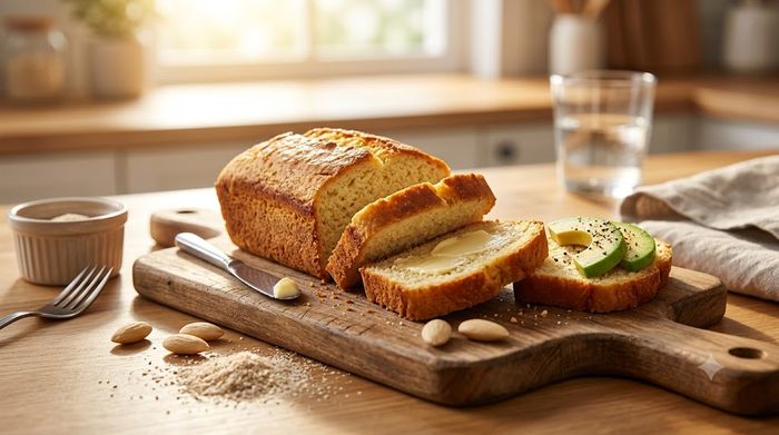 Freshly baked keto bread slice on a rustic wire rack with almond flour bowl