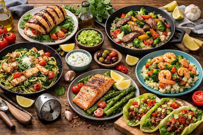 Quick 30-minute low-carb dinners: healthy salmon, shrimp, and beef meals on a rustic table.