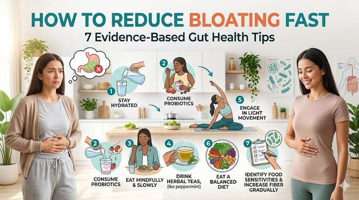 7 evidence-based tips to reduce stomach bloating fast, featuring hydration, probiotics, and mindful eating.