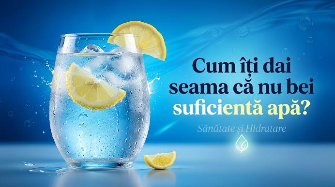 Pahar cu apă rece și lămâie ilustrând semnele deshidratării și importanța consumului optim de apă.